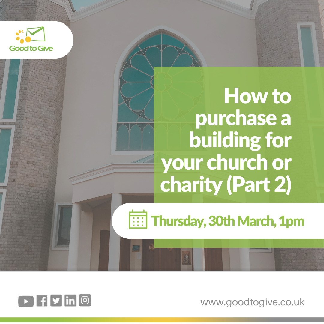 A background that says 'how to purchase a building for your church or charity'